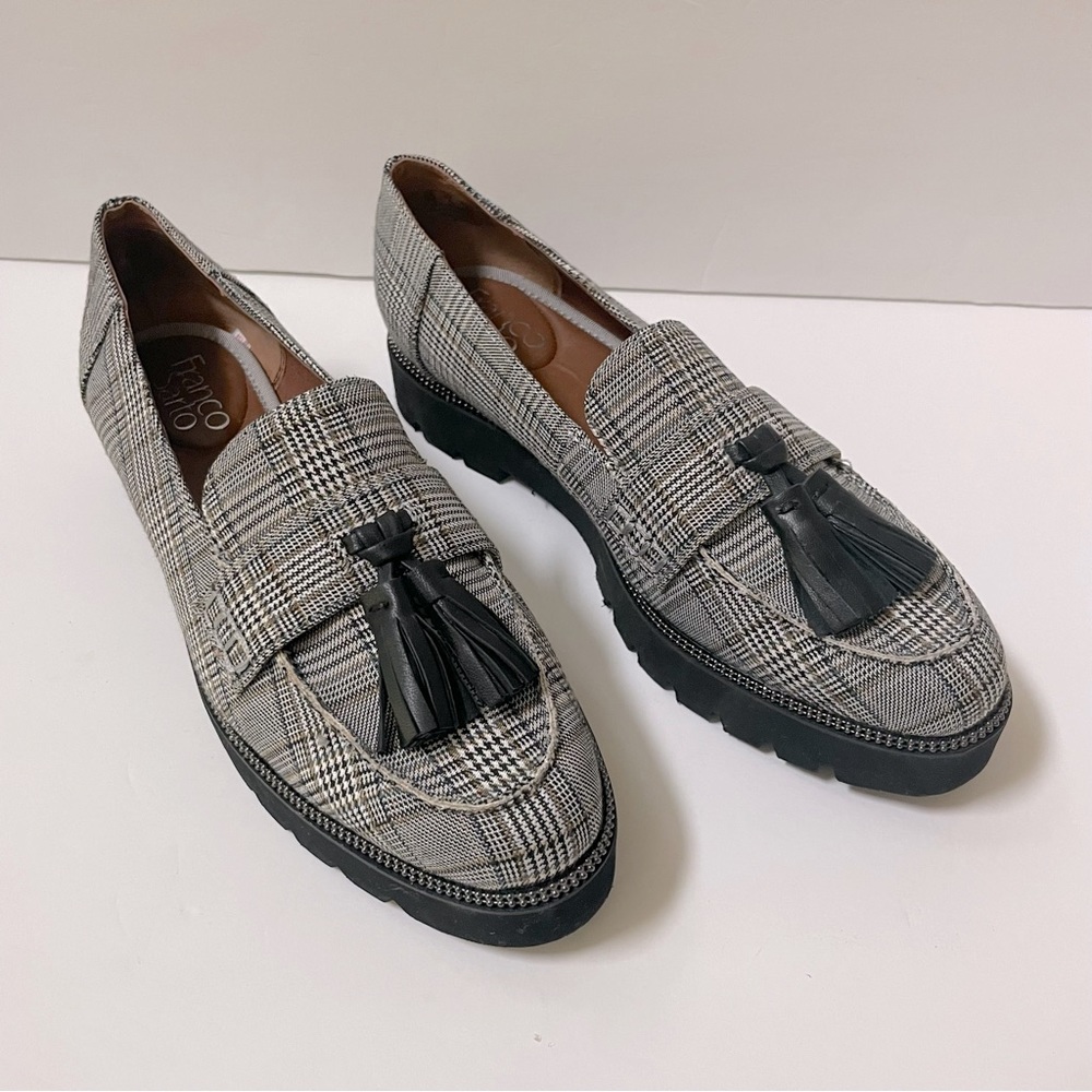 Franco Sarto Black and Gray Plaid Tassel Loafers